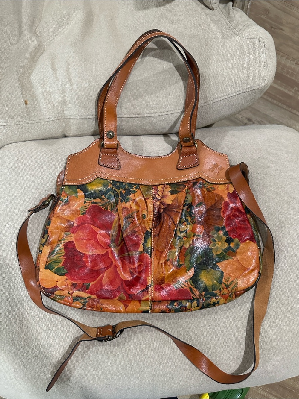 Patricia Nash Brown Leather Floral Shoulder Bag with Multicolor Blooms